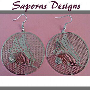 Silver Tone Round Circle Dangle Butterfly Design Earrings With Clear Crystal